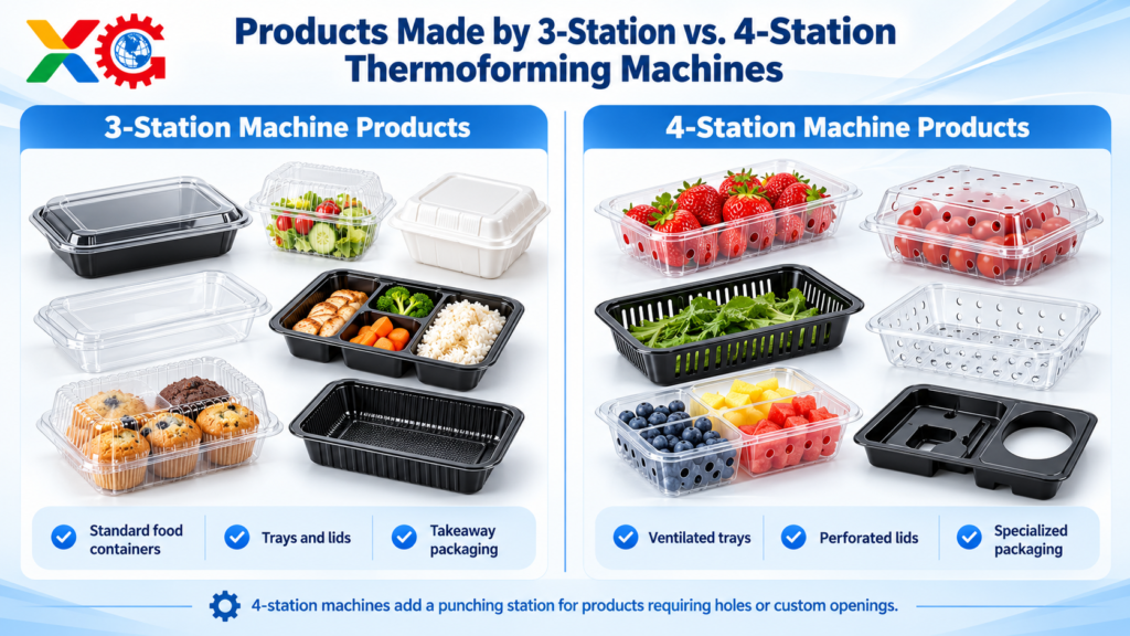 Comparison of products made by 3-station vs 4-station thermoforming machines, including food containers, trays, lids, ventilated trays, and specialized packaging